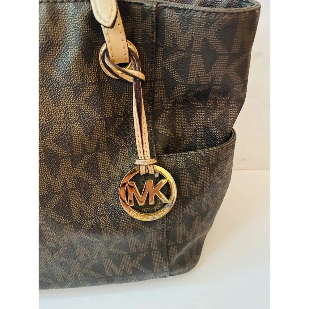 Michael Kors Jet Set Travel Tote Bag Brown Signature Logo MK Gold Hardware
